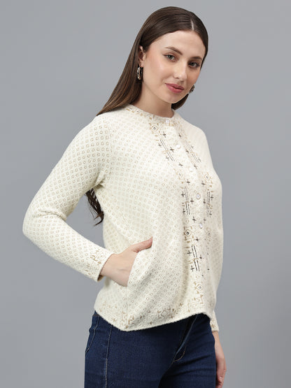 Women's Self Design Ivory Full Sleeves Casual Sweater