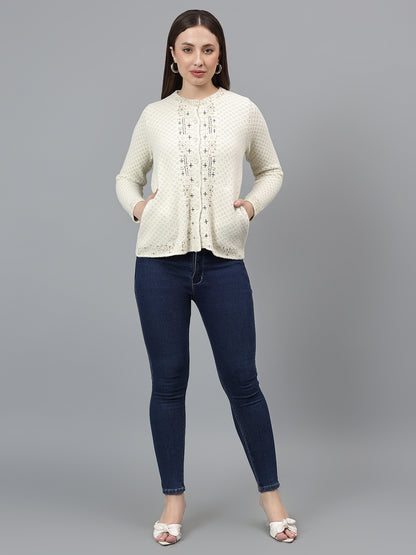 Women's Self Design Ivory Full Sleeves Casual Sweater