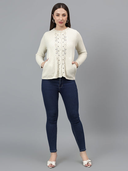 Women's Self Design Ivory Full Sleeves Casual Sweater