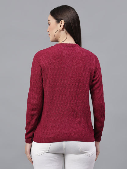 Women's Self Design Pink V-Neck Full Sleeves Casual Sweater