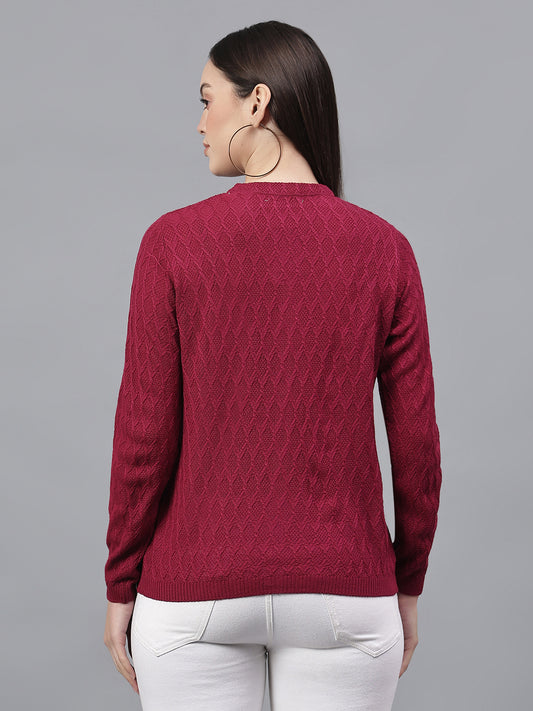 Women's Self Design Pink V-Neck Full Sleeves Casual Sweater