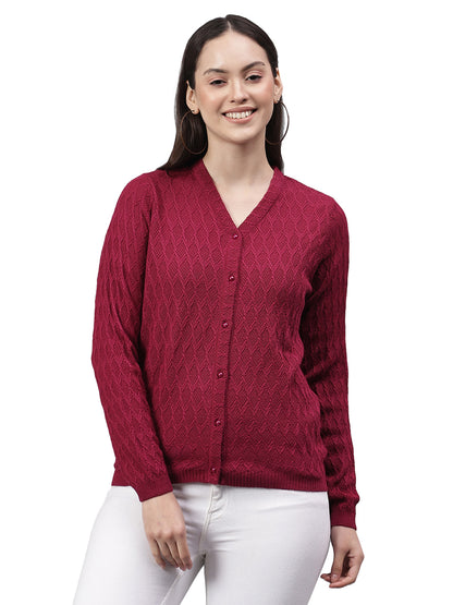 Women's Self Design Pink V-Neck Full Sleeves Casual Sweater