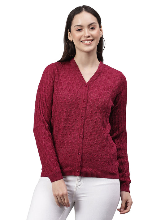 Women's Self Design Pink V-Neck Full Sleeves Casual Sweater
