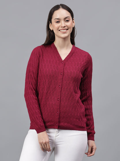 Women's Self Design Pink V-Neck Full Sleeves Casual Sweater