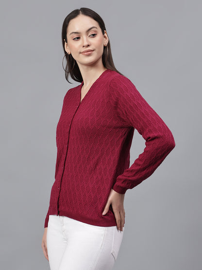 Women's Self Design Pink V-Neck Full Sleeves Casual Sweater
