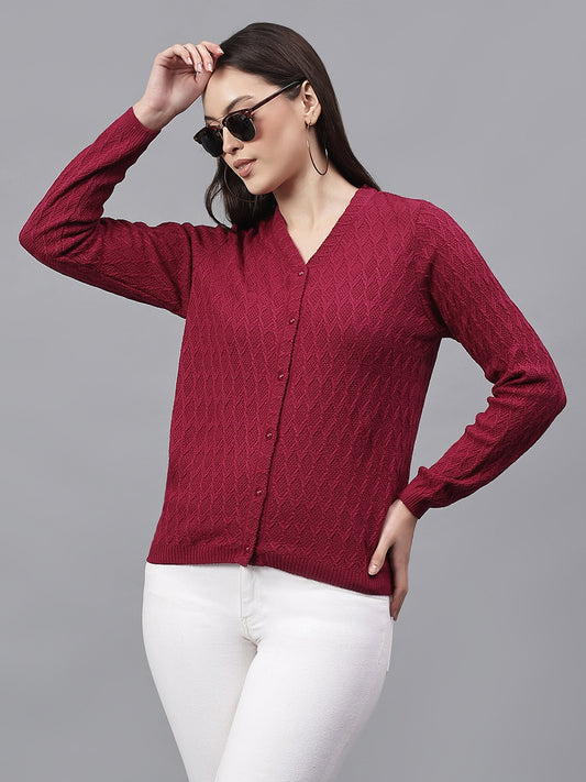 Women's Self Design Pink V-Neck Full Sleeves Casual Sweater