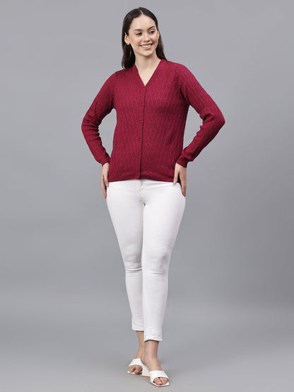 Women's Self Design Pink V-Neck Full Sleeves Casual Sweater