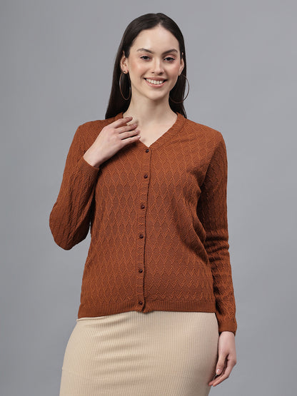 Women's Self Design Tan V-Neck Full Sleeves Casual Sweater