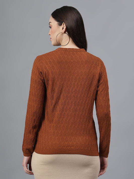 Women's Self Design Tan V-Neck Full Sleeves Casual Sweater