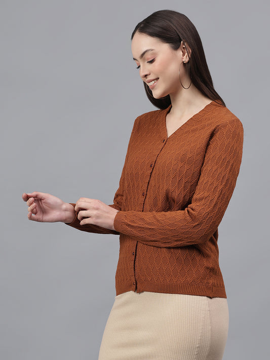 Women's Self Design Tan V-Neck Full Sleeves Casual Sweater