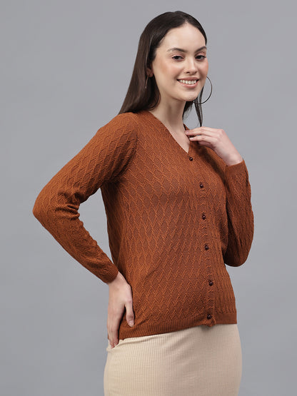 Women's Self Design Tan V-Neck Full Sleeves Casual Sweater