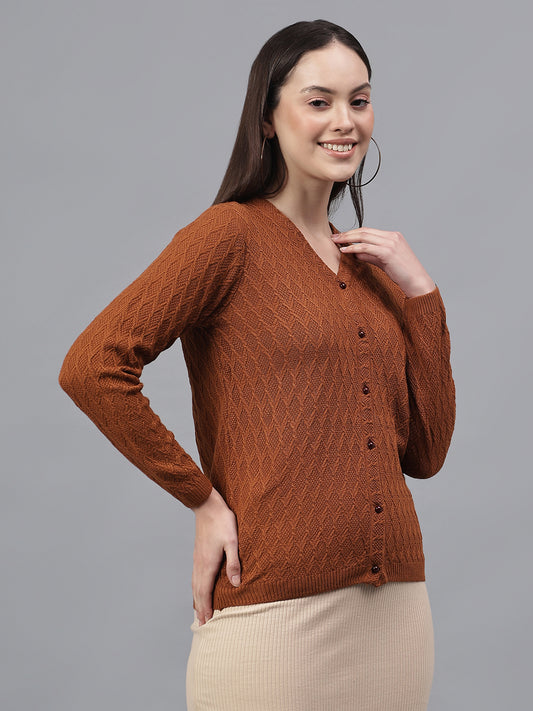 Women's Self Design Tan V-Neck Full Sleeves Casual Sweater
