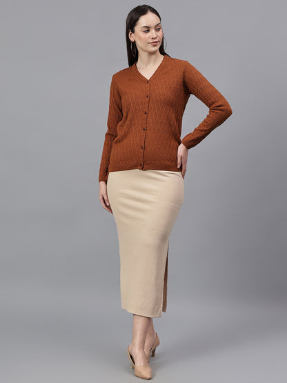 Women's Self Design Tan V-Neck Full Sleeves Casual Sweater