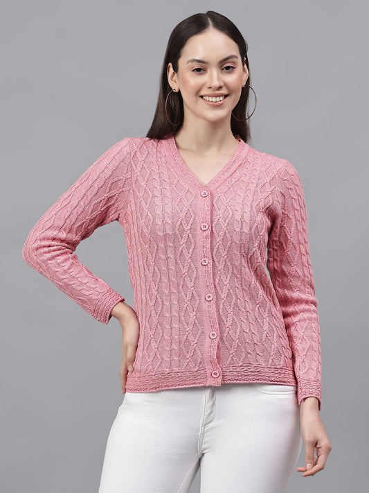 Women's Self Design Pink V-Neck Full Sleeves Casual Sweater
