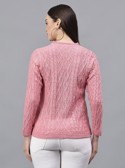 Women's Self Design Pink V-Neck Full Sleeves Casual Sweater