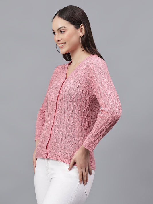 Women's Self Design Pink V-Neck Full Sleeves Casual Sweater