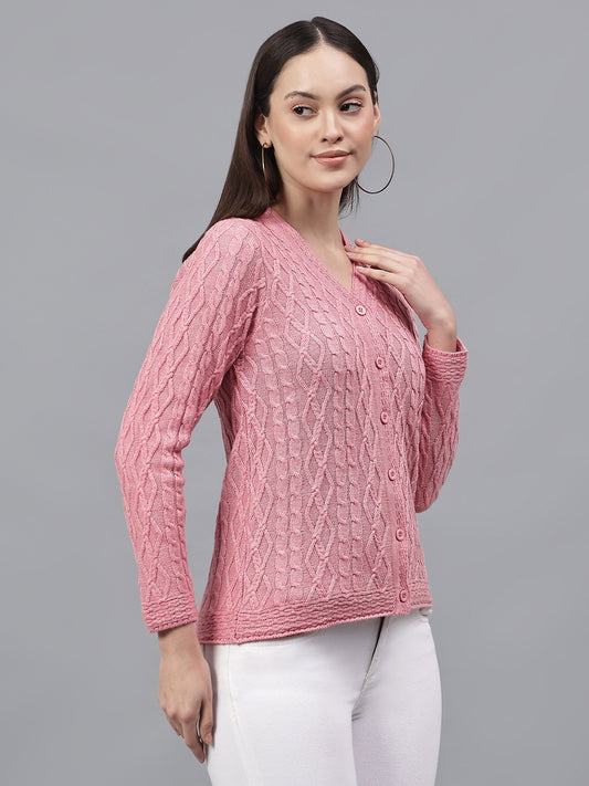 Women's Self Design Pink V-Neck Full Sleeves Casual Sweater