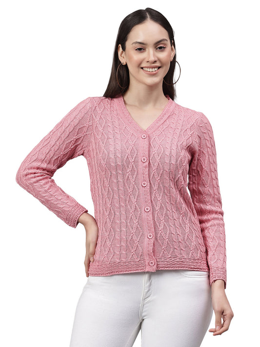 Women's Self Design Pink V-Neck Full Sleeves Casual Sweater