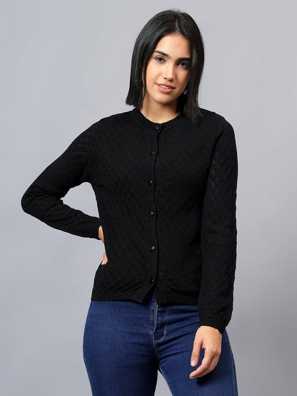Women's Casual Black Round Neck Cardigan Sweater