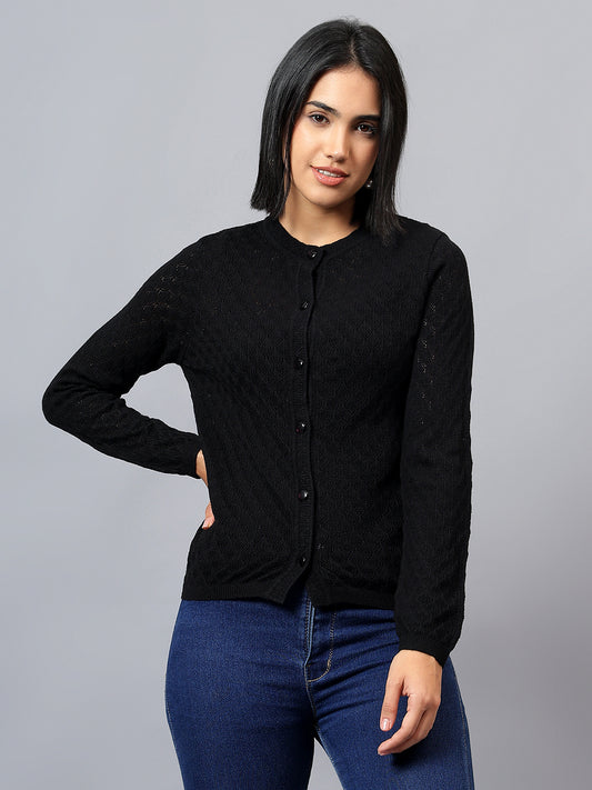 Women's Casual Black Round Neck Cardigan Sweater