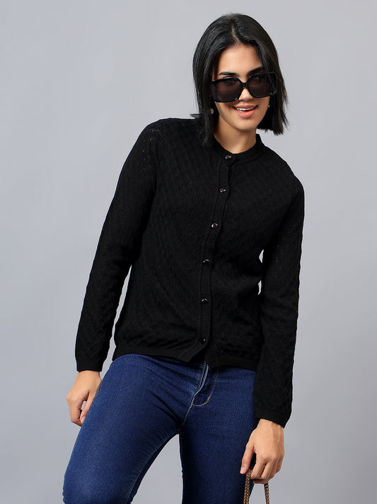 Women's Casual Black Round Neck Cardigan Sweater