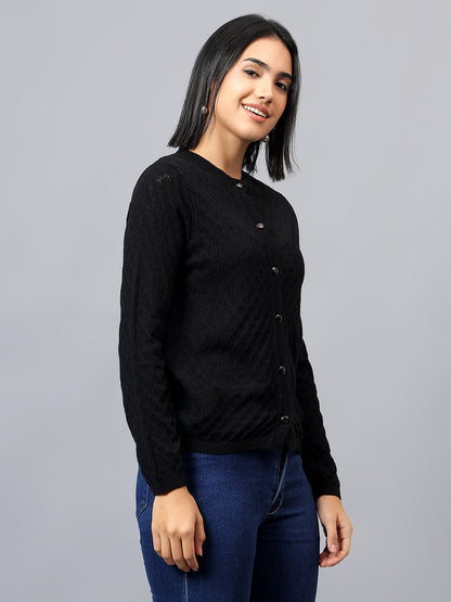 Women's Casual Black Round Neck Cardigan Sweater