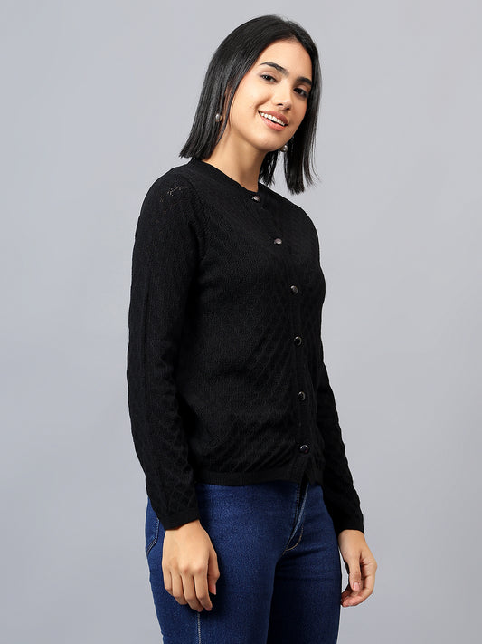 Women's Casual Black Round Neck Cardigan Sweater