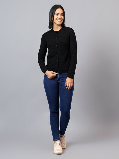 Women's Casual Black Round Neck Cardigan Sweater