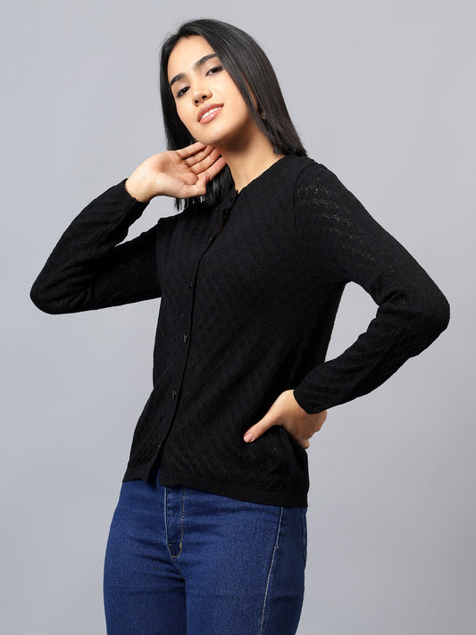 Women's Casual Black Round Neck Cardigan Sweater