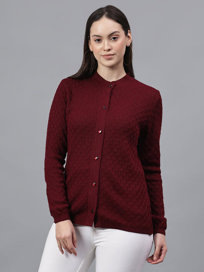 Women's Self Design Maroon Round Neck Full Sleeves Casual Sweater