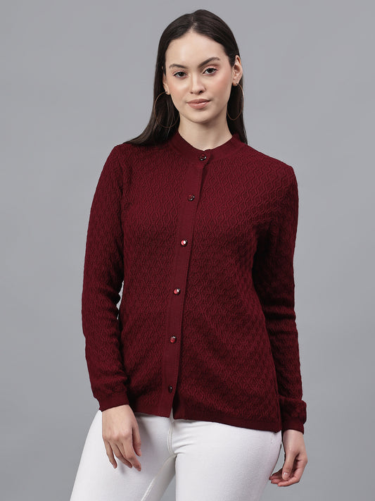 Women's Self Design Maroon Round Neck Full Sleeves Casual Sweater