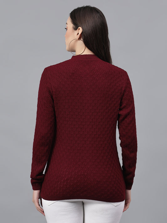 Women's Self Design Maroon Round Neck Full Sleeves Casual Sweater
