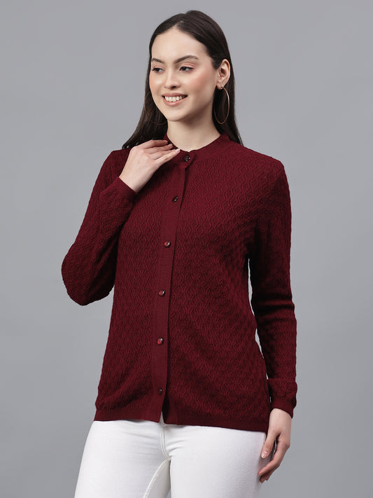 Women's Self Design Maroon Round Neck Full Sleeves Casual Sweater