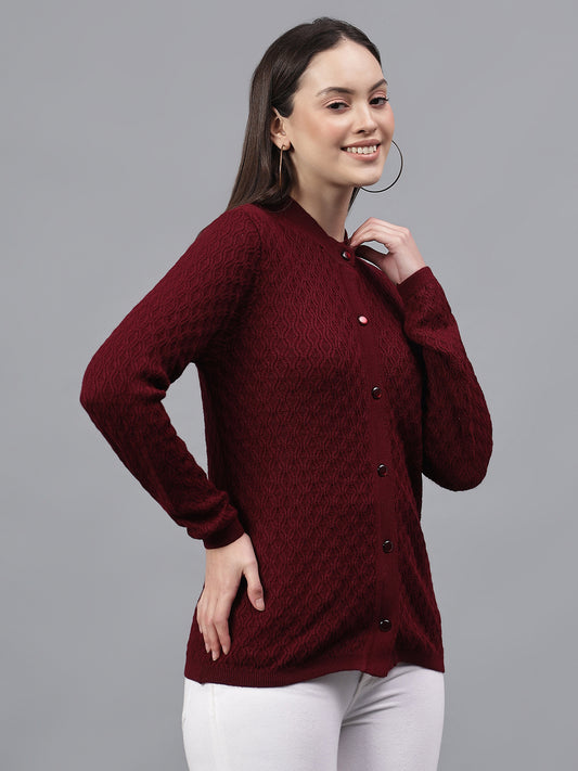 Women's Self Design Maroon Round Neck Full Sleeves Casual Sweater