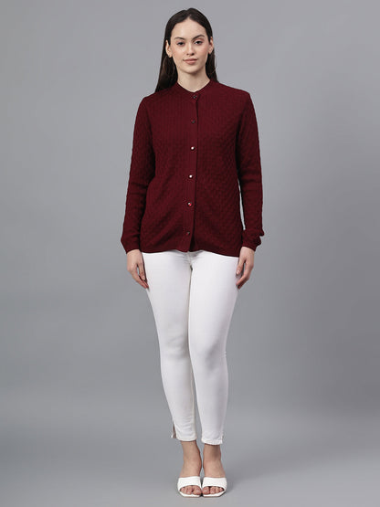 Women's Self Design Maroon Round Neck Full Sleeves Casual Sweater