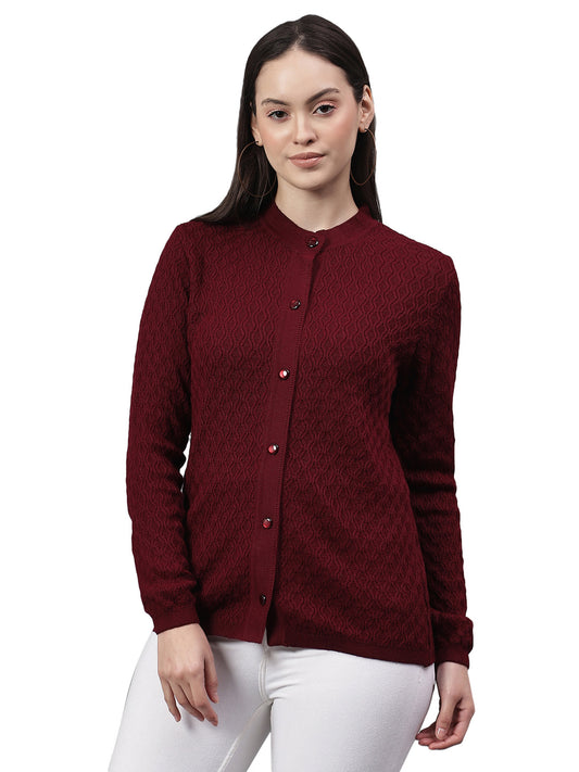 Women's Self Design Maroon Round Neck Full Sleeves Casual Sweater
