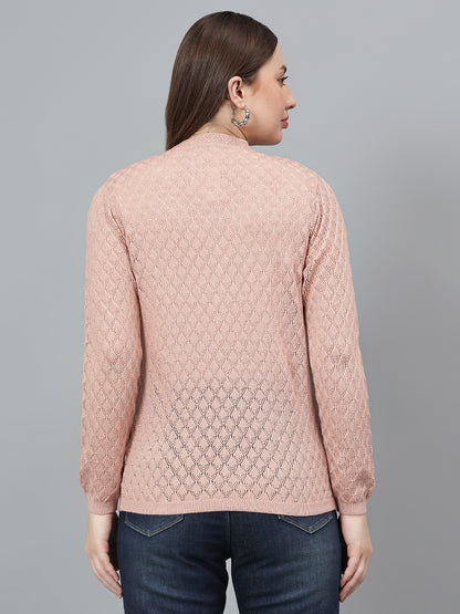 Women's Self Design Dusty Pink Full Sleeves Casual Sweater