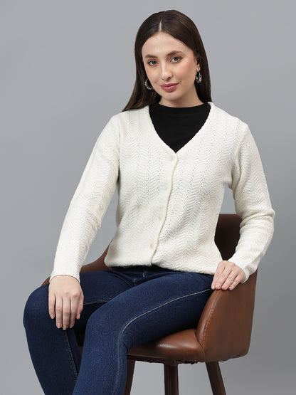 Women's Self Design Ivory Full Sleeves Casual Sweater