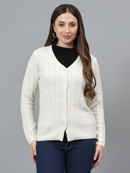 Women's Self Design Ivory Full Sleeves Casual Sweater