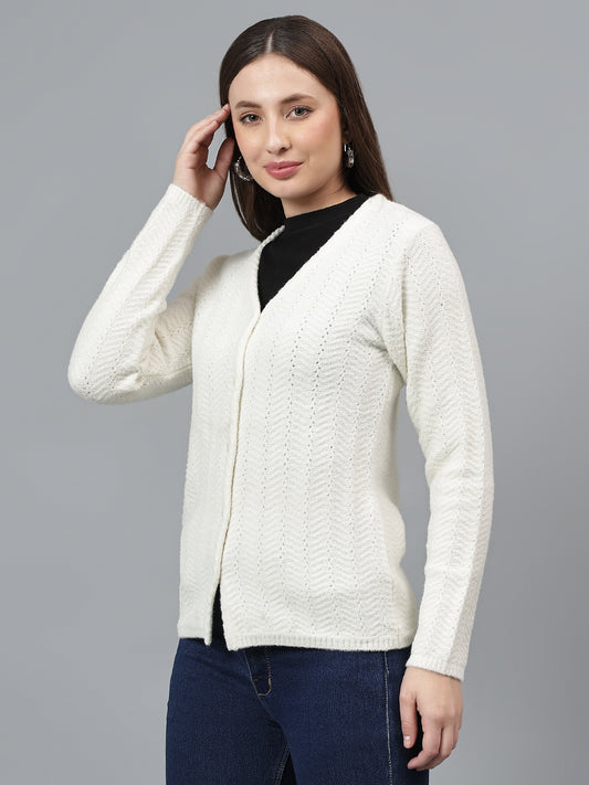 Women's Self Design Ivory Full Sleeves Casual Sweater