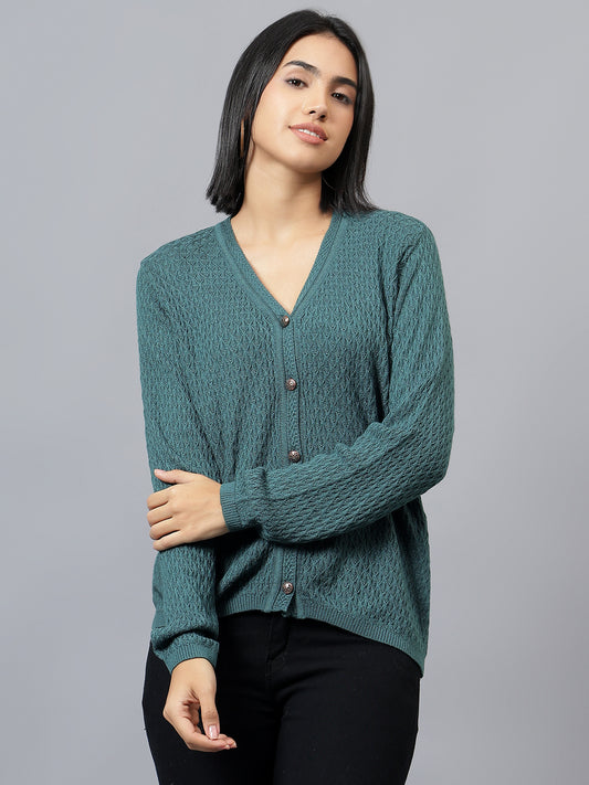 Women's Casual Teal V-Neck Cardigan Sweater