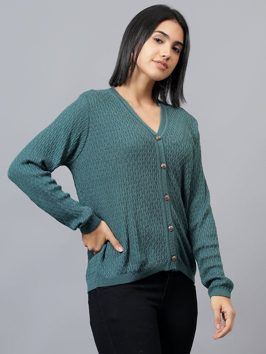 Women's Casual Teal V-Neck Cardigan Sweater