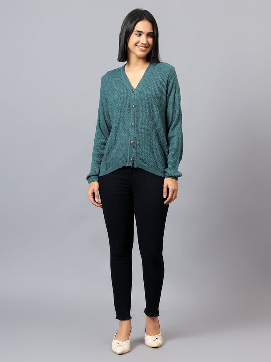 Women's Casual Teal V-Neck Cardigan Sweater
