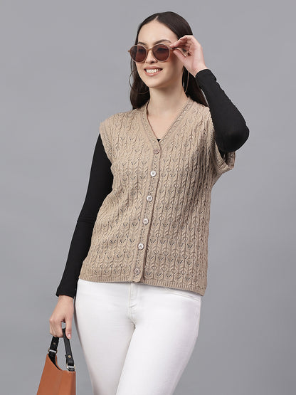 Women's Self Design Fawn V-Neck Sleeveless Casual Sweater