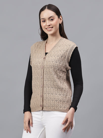 Women's Self Design Fawn V-Neck Sleeveless Casual Sweater