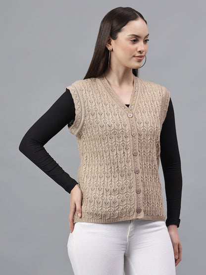 Women's Self Design Fawn V-Neck Sleeveless Casual Sweater