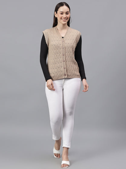Women's Self Design Fawn V-Neck Sleeveless Casual Sweater