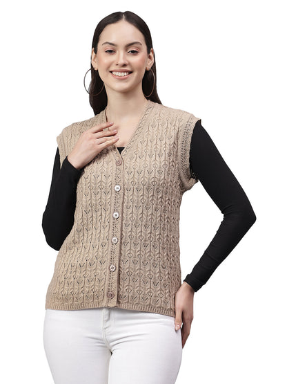 Women's Self Design Fawn V-Neck Sleeveless Casual Sweater