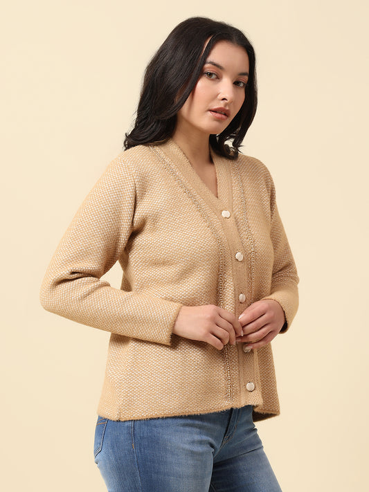 Cardigan for Women | Winter Wear Fancy Fabric V-Neck Regular Fit Self Design Pattern