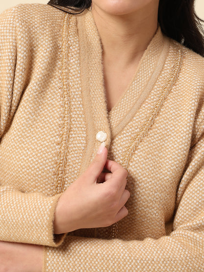 Cardigan for Women | Winter Wear Fancy Fabric V-Neck Regular Fit Self Design Pattern